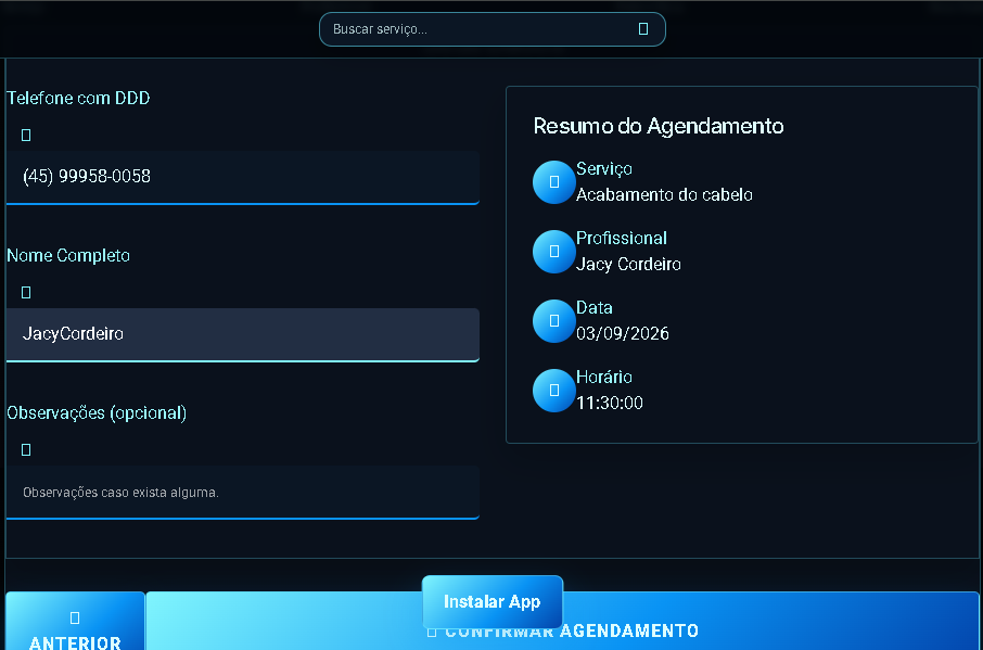 Tela real de confirmação do agendamento no BarberBot